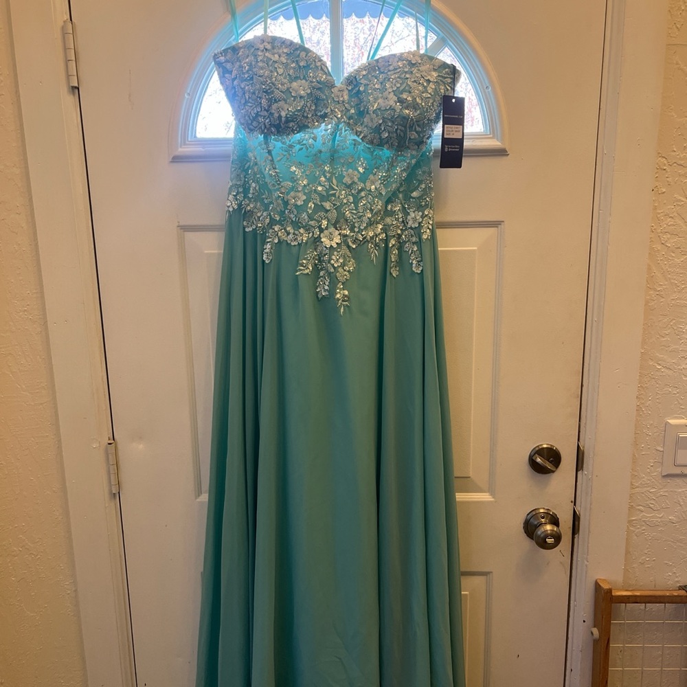 Strapless Teal Embroidered Prom Dress